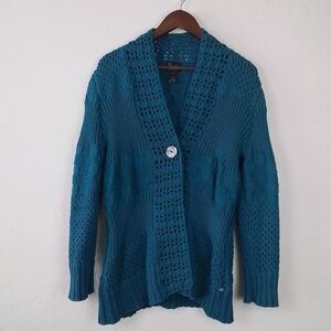 Pure Handknit Sweater Size M/L Teal 100% Cotton‎ Chunky Knit Button Front